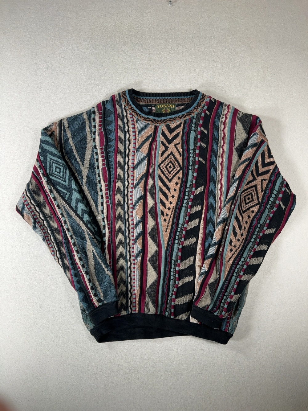 Vintage Tosani 3D Textured Knit Coogi Style Crewneck Sweater Multicolor L